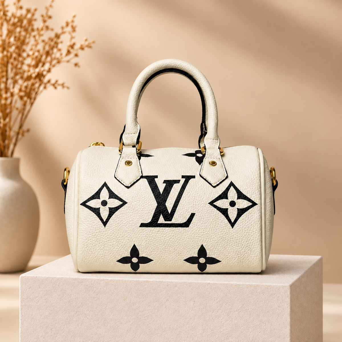 A412 handbag on warm beige studio pedestal