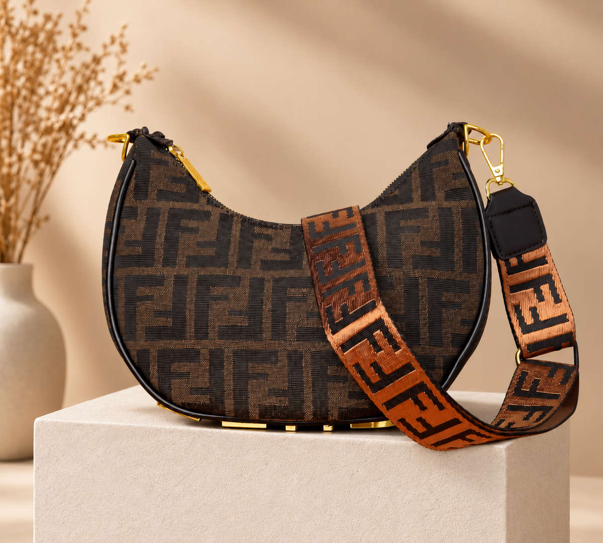 F464 brown monogram shoulder bag on beige studio pedestal