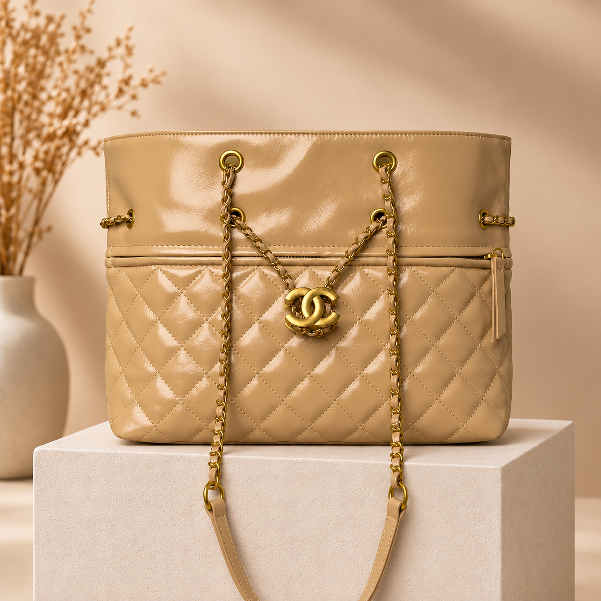F64 handbag on warm beige studio pedestal